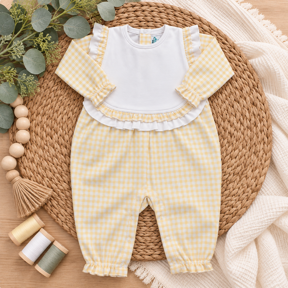 Boutique Style Long Sleeve Ruffle Bib Romper