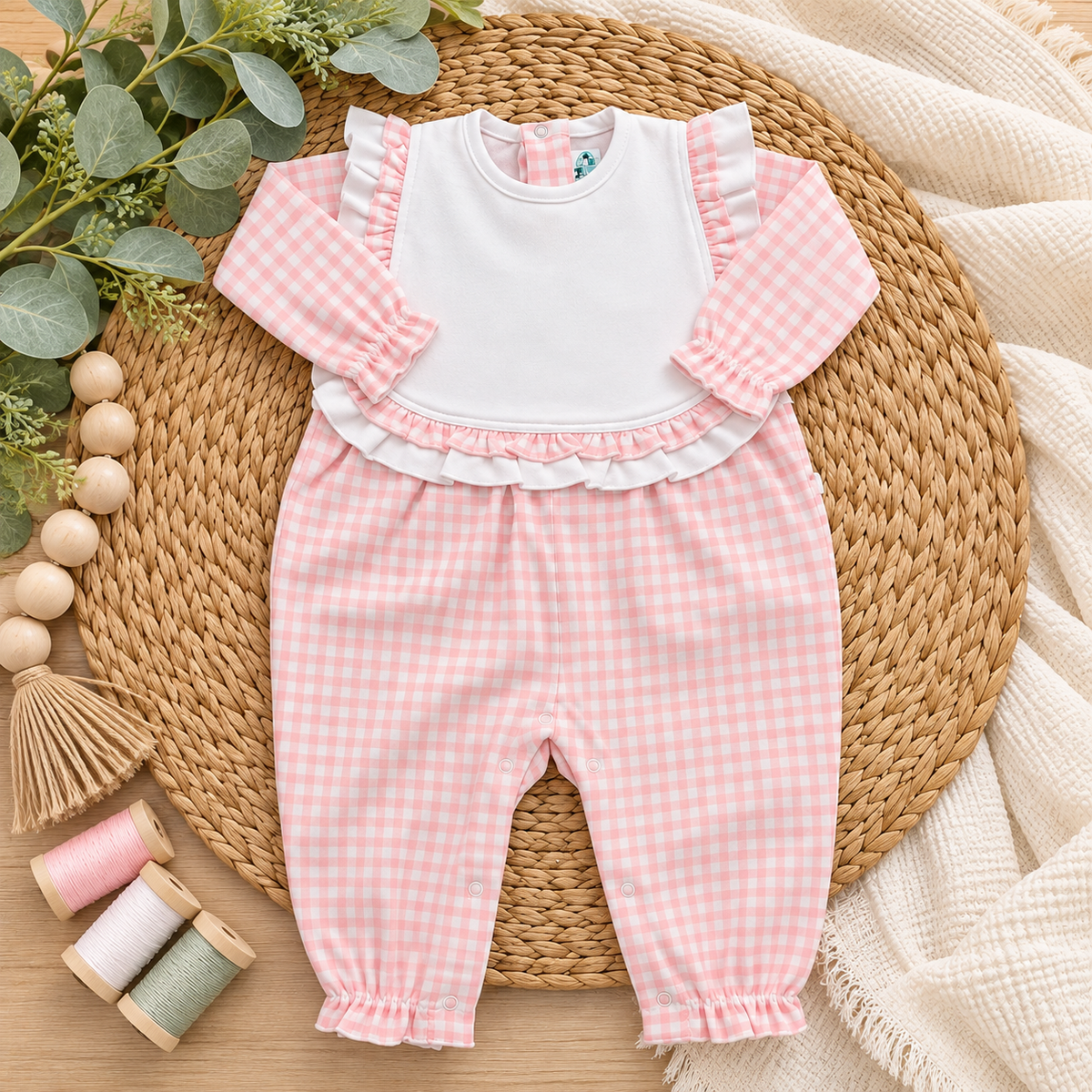 Boutique Style Long Sleeve Ruffle Bib Romper
