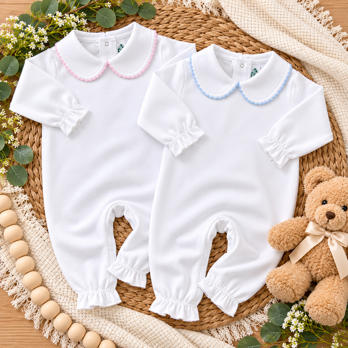 Boutique Style Solid Collar with Eyelet Trim With and Without Feet Unisex - Little Blanks