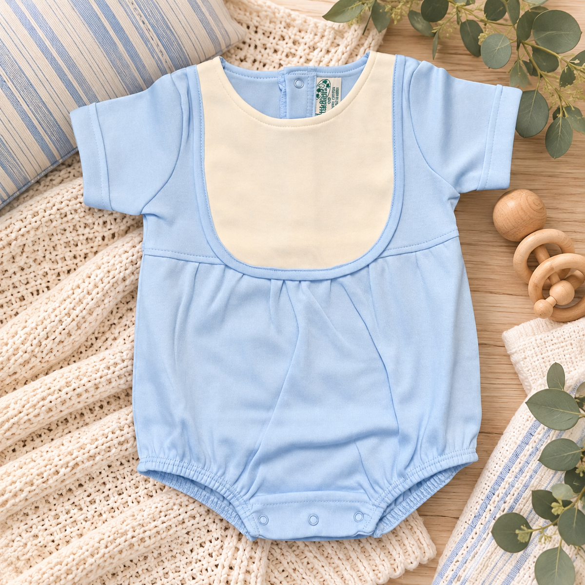 Classic Cotton Baby Boy Bib Bubble Romper - Short Sleeve - Little Blanks