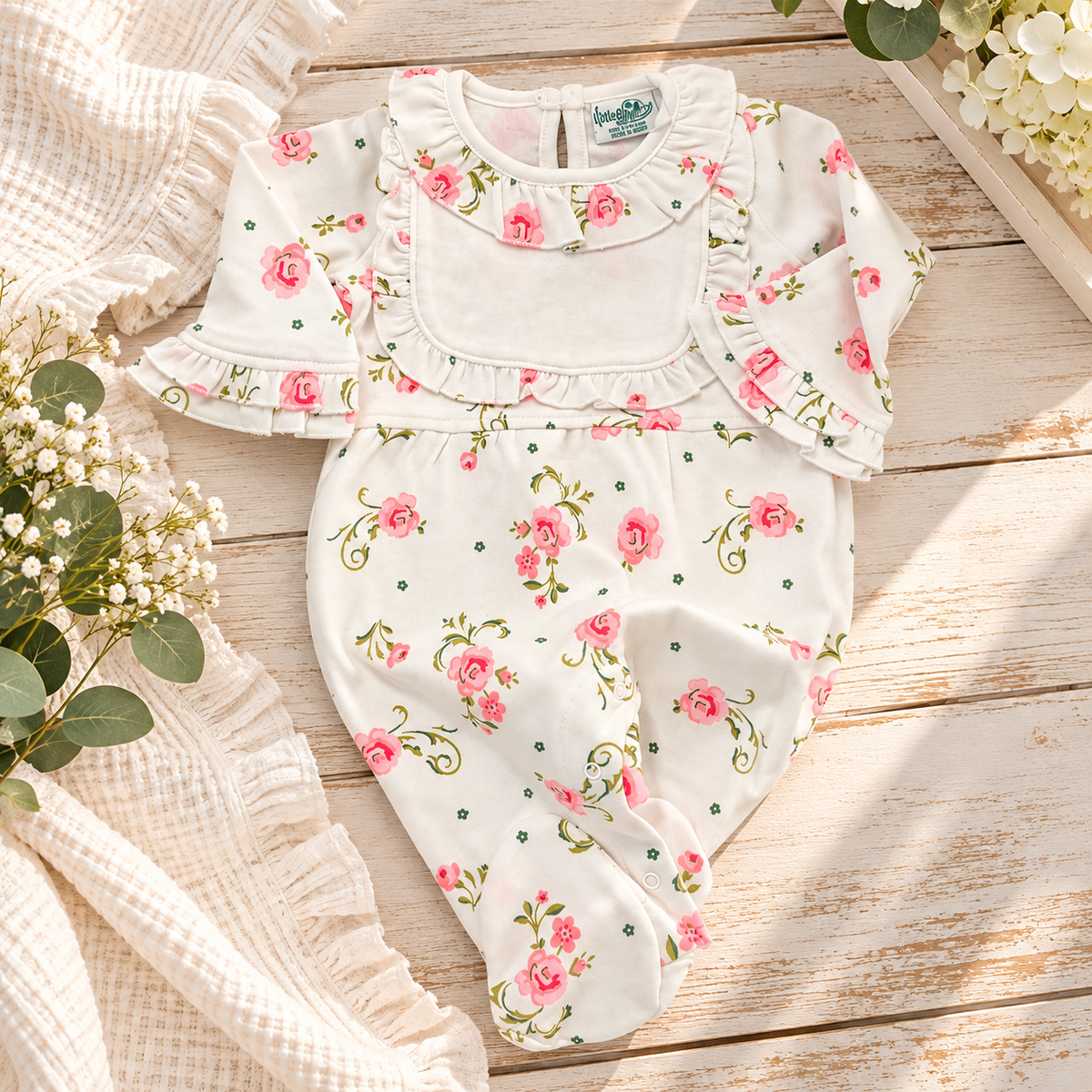 Baby Girl Ruffle Collar Footie With Bib Detail