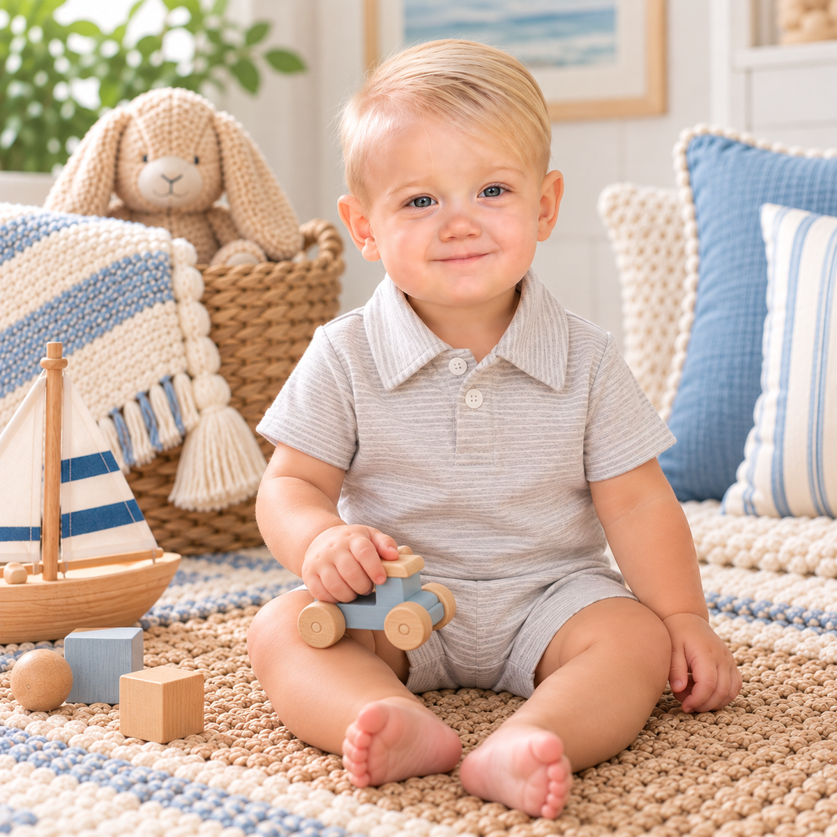 Boys Polo Romper Jon Jon, Shortall - All Cotton - Little Blanks