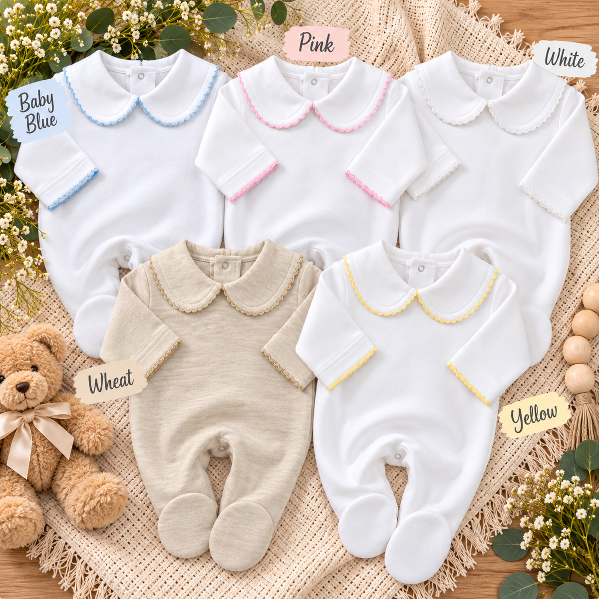 Boutique Style Solid Collar with Eyelet Trim With and Without Feet Unisex - Little Blanks