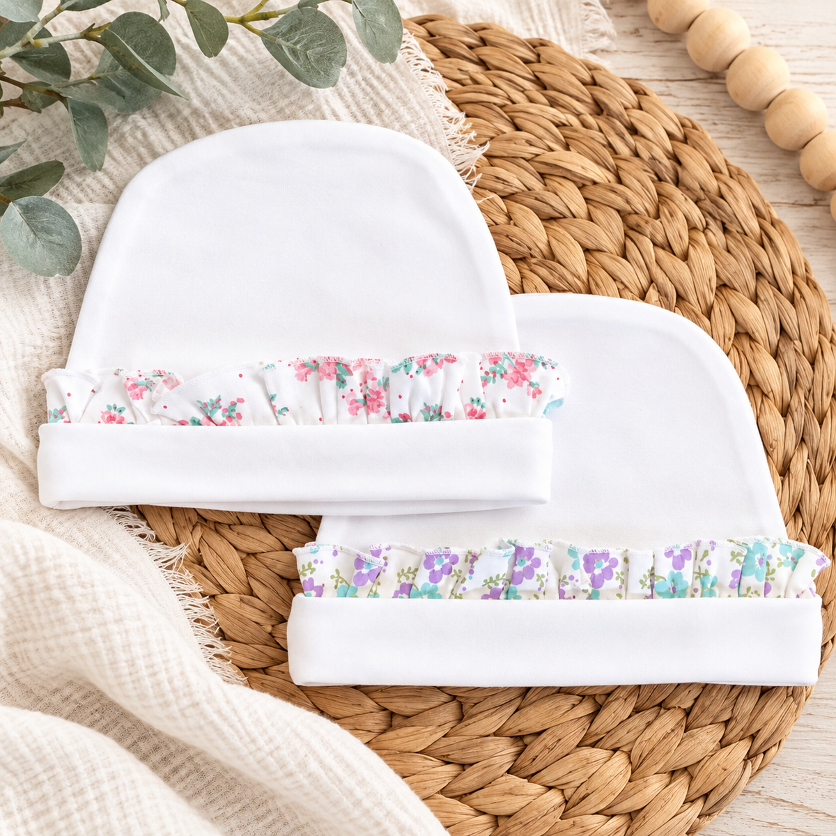 Beanie with Floral Ruffle - Little Blanks