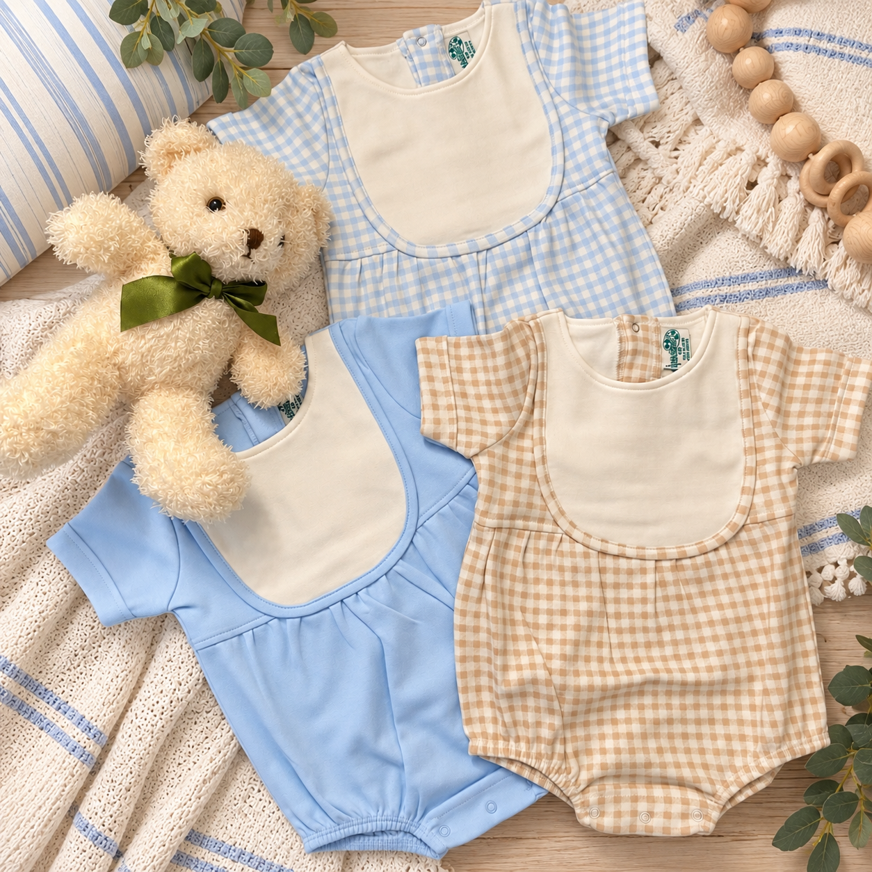 Classic Cotton Baby Boy Bib Bubble Romper - Short Sleeve