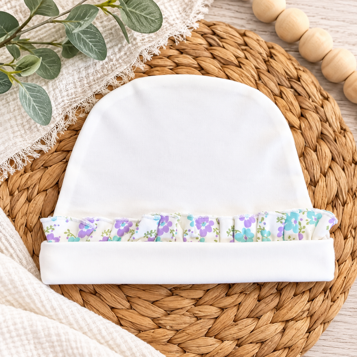 Beanie with Floral Ruffle - Little Blanks
