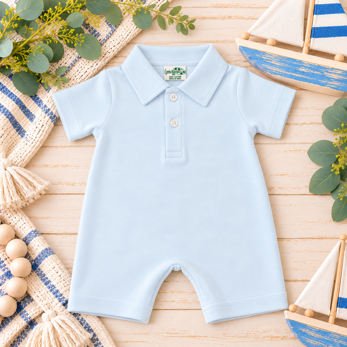 Boys Polo Romper Jon Jon, Shortall - All Cotton - Little Blanks