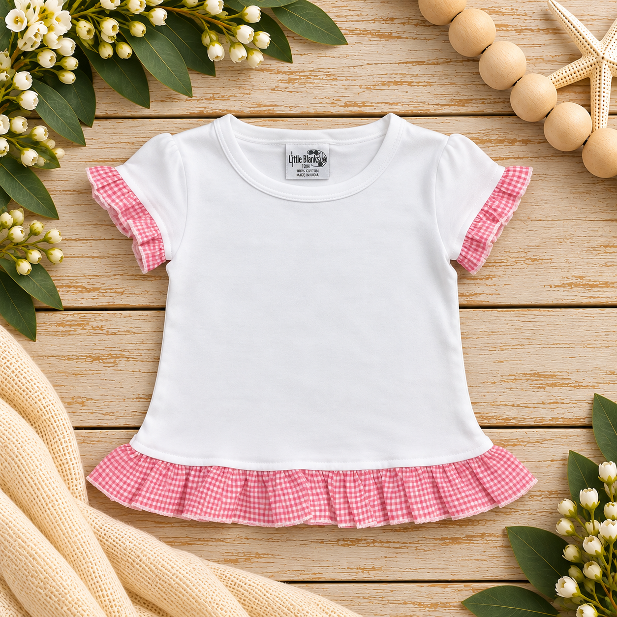 Girls Short Sleeve T-shirt with Gingham Ruffle - Little Blanks