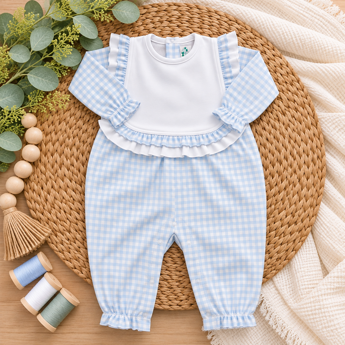 Boutique Style Long Sleeve Ruffle Bib Romper