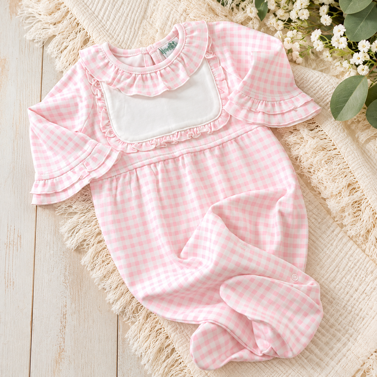 Baby Girl Ruffle Collar Footie With Bib Detail