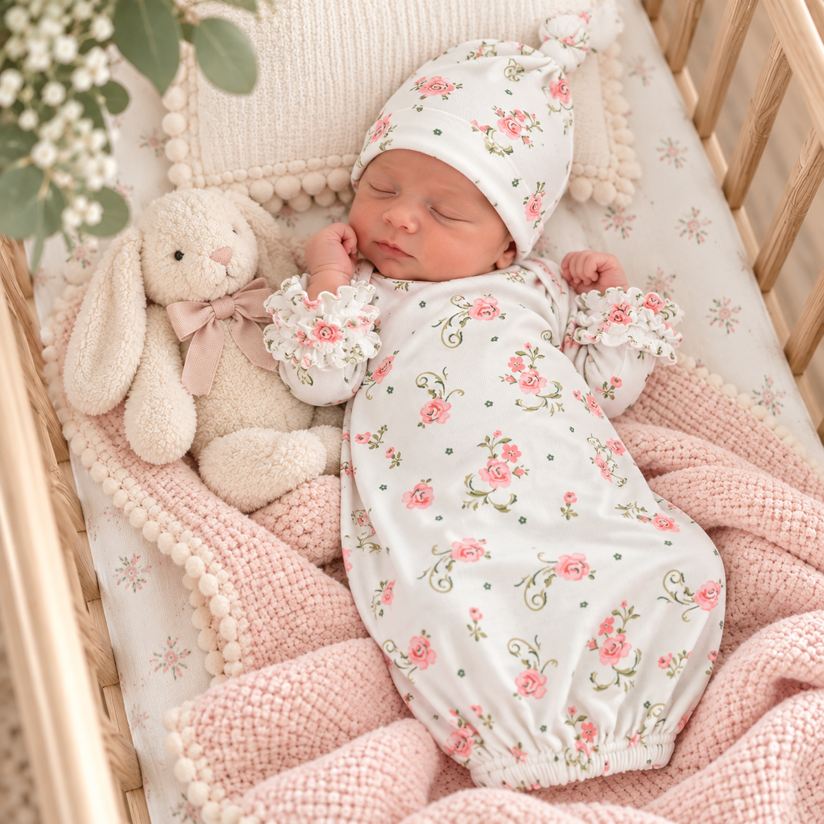 Baby Girls Garden Rose Gown with Matching Beanie - Little Blanks