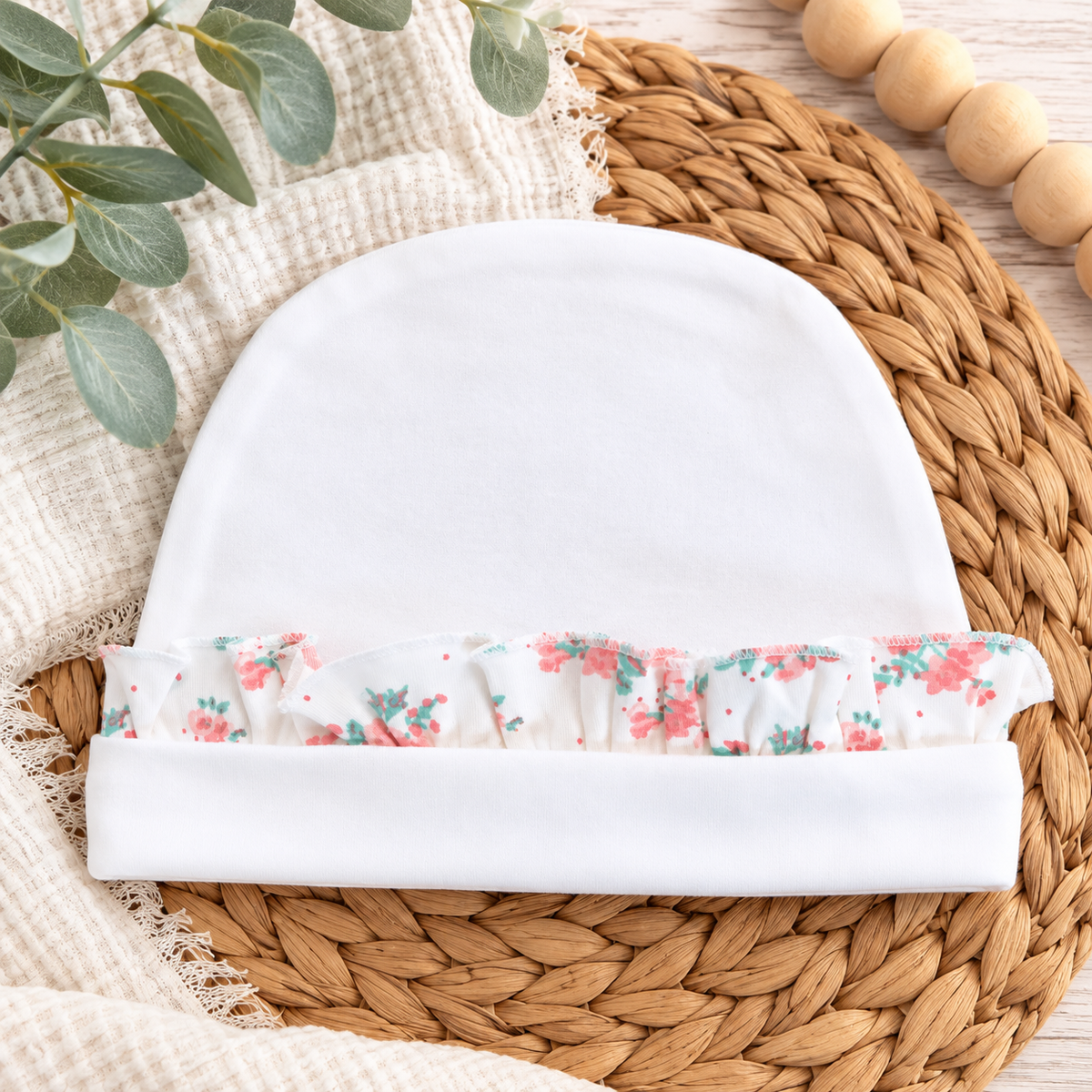 Beanie with Floral Ruffle - Little Blanks