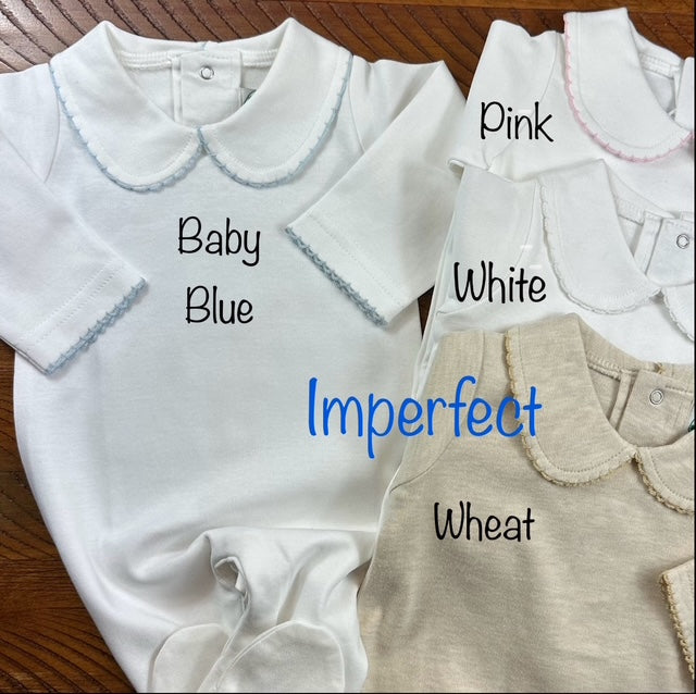 Imperfect Boutique Style Collar Footie with Bib Detail &amp; With  Eyelet Trim - Boy &amp; Girl - Little Blanks