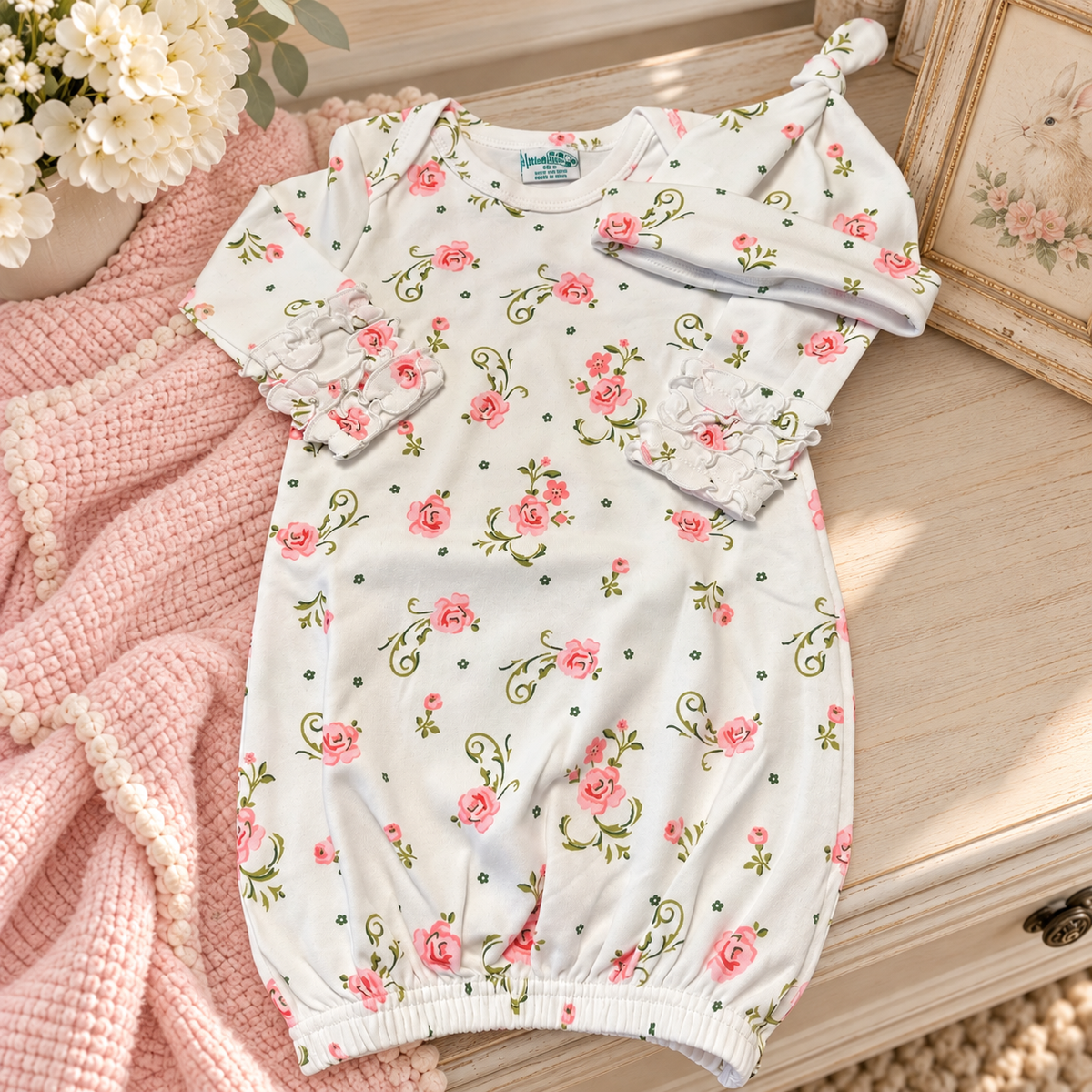 Baby Girls Garden Rose Gown with Matching Beanie - Little Blanks
