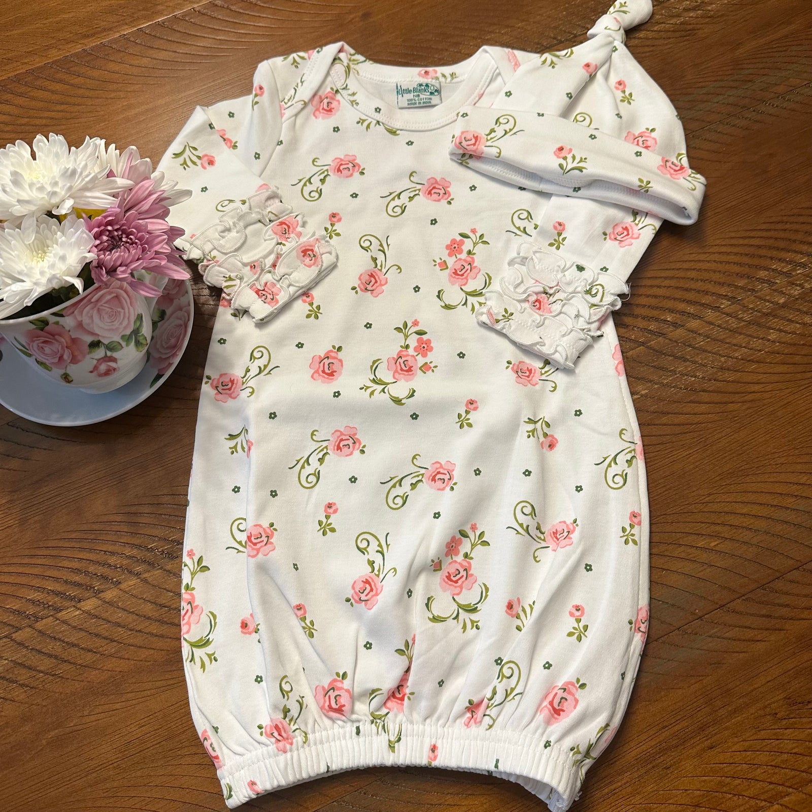 Baby Girls Garden Rose Gown with Matching Beanie - Little Blanks