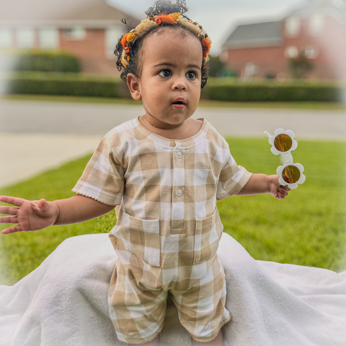 Girls One-Piece Short Sleeve Romper with Pockets - Little Blanks