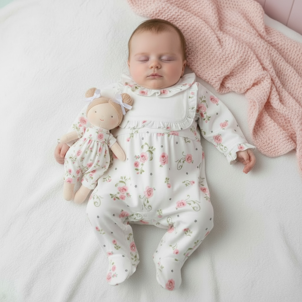 Baby Girl Ruffle Collar Footie With Bib Detail - Little Blanks