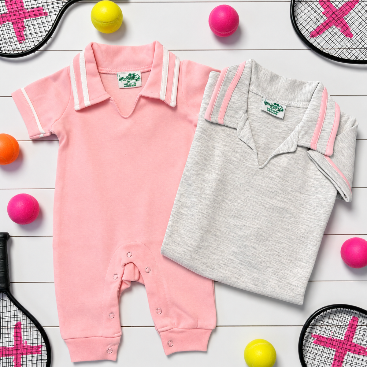 Pink and Gray Girls Preppy Baby Polo Rompers with Tennis Theme - Little Blanks