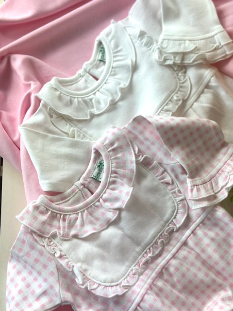 Baby Girl Ruffle Collar Footie With Bib Detail - Little Blanks
