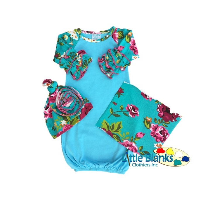 Baby girl s ruffle raglan gowns with knotted beanie matching applique swatch Little Blanks Little Blanks LLC