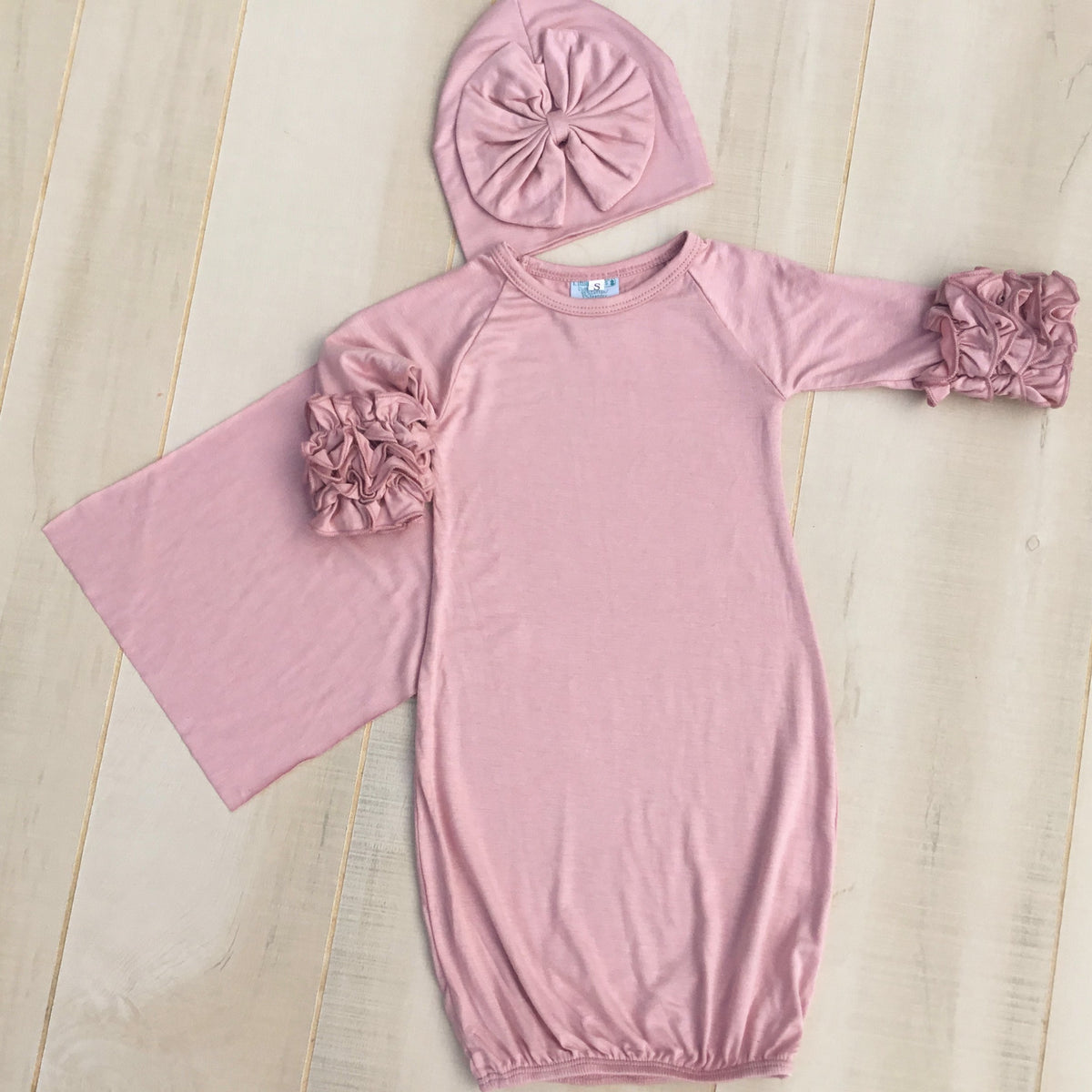 Baby Girls Ruffle Sleeve Gown With Bow Beanie and Applique Swatch - Little Blanks, LLC