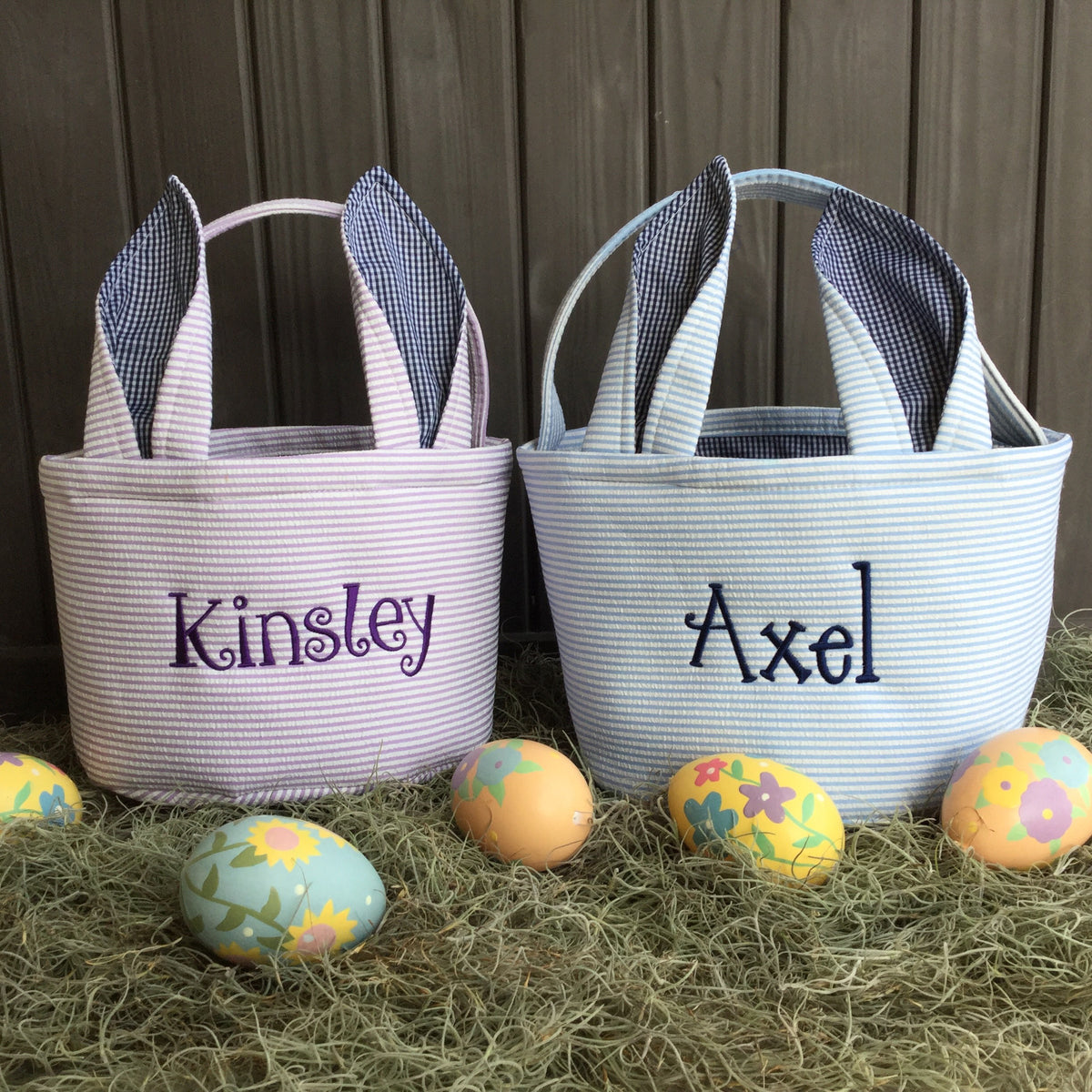 Easter Basket with Floppy Bunny Ears - Seersucker - Little Blanks, LLC