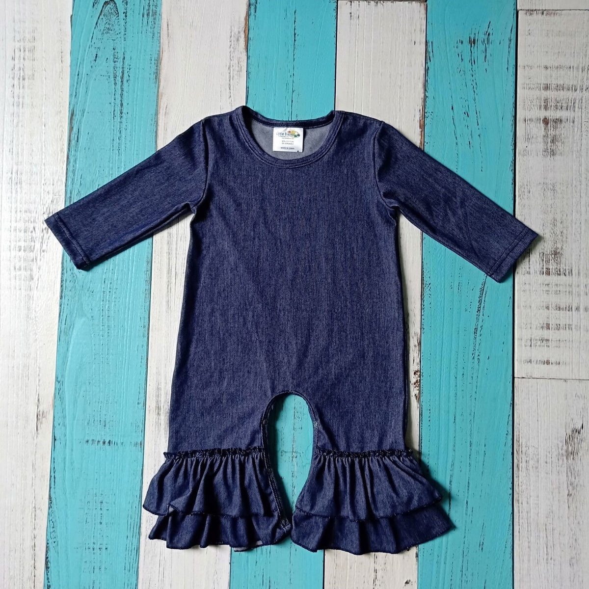 Girls Faux Denim Romper with Ruffle Legs - Little Blanks, LLC