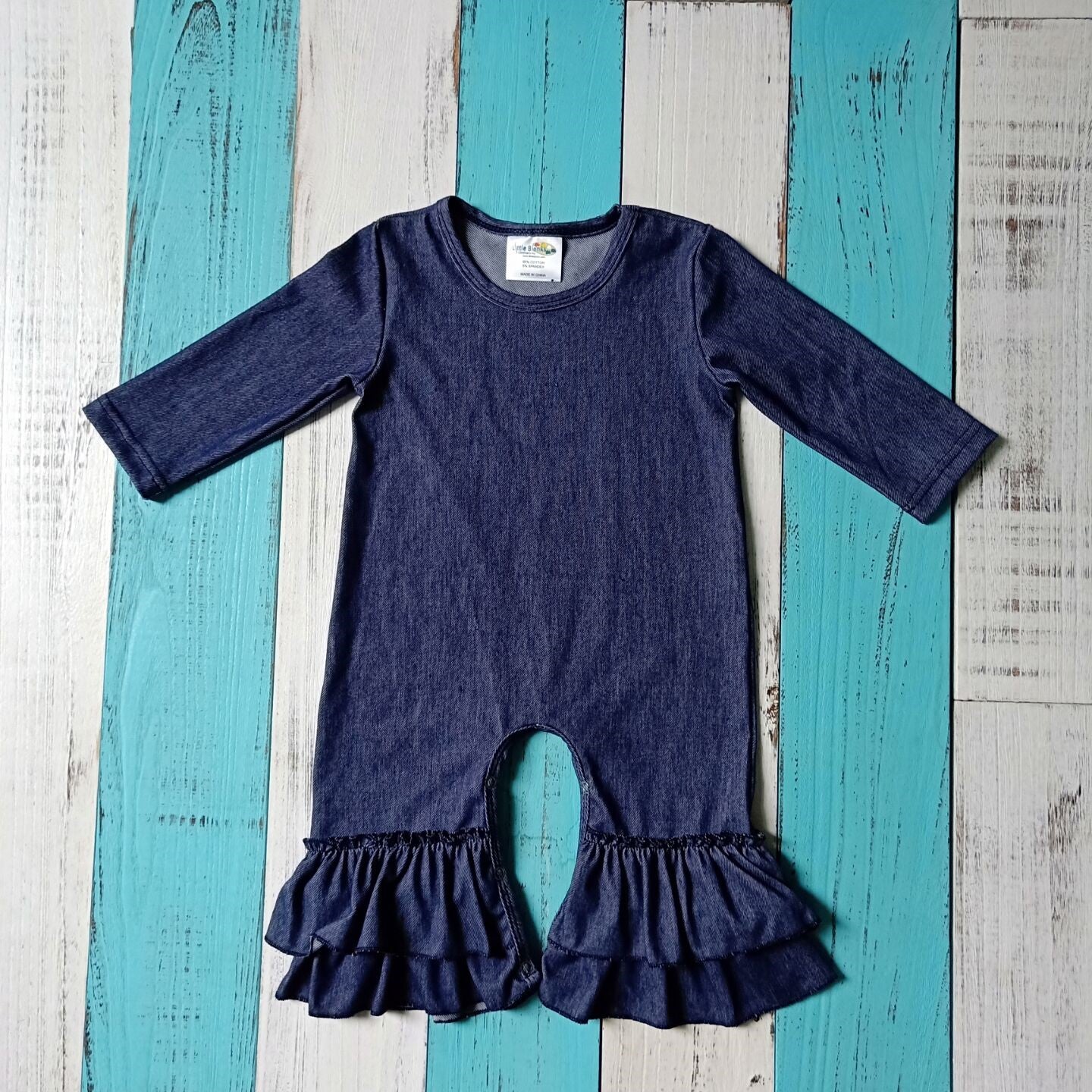 Girls Faux Denim Romper with Ruffle Legs - Little Blanks, LLC