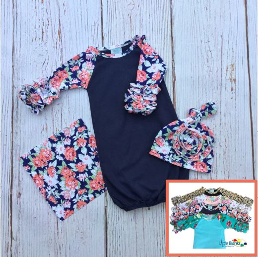 Baby Girls Ruffle Raglan Gowns With Beanie and Applique Swatch - Little Blanks, LLC