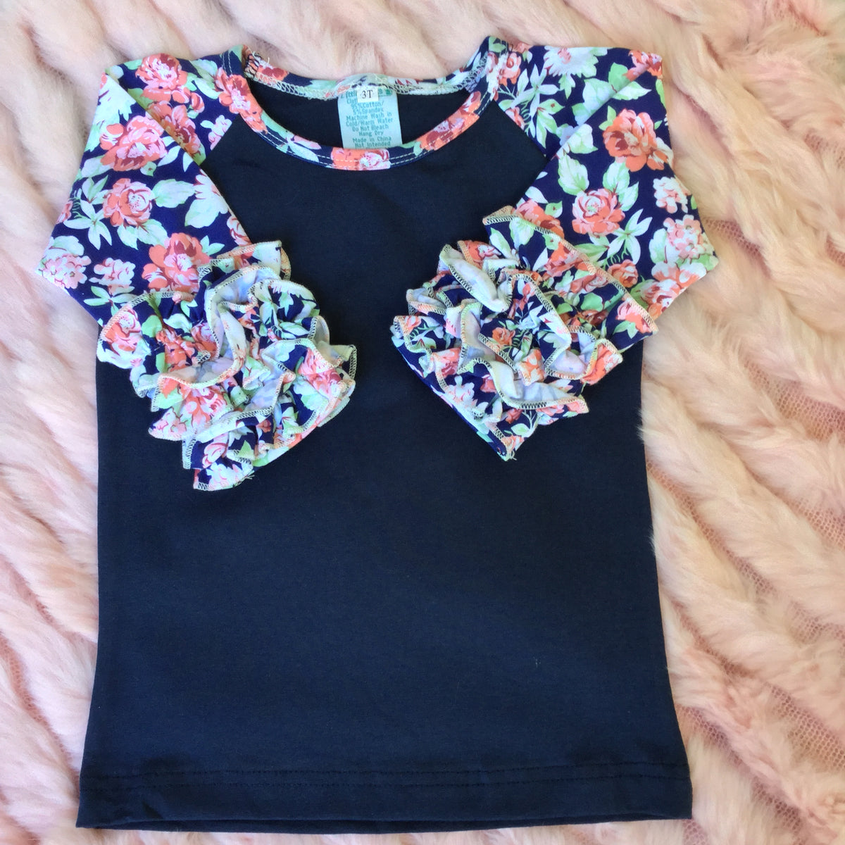 Girls Ruffle Raglan Floral Sleeve Shirt - Little Blanks, LLC