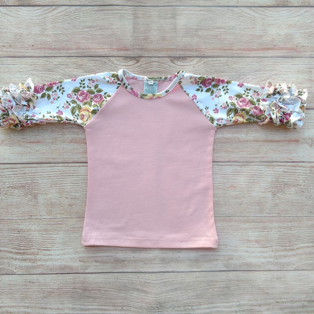 Girls Ruffle Raglan Floral Sleeve Shirt - Little Blanks, LLC