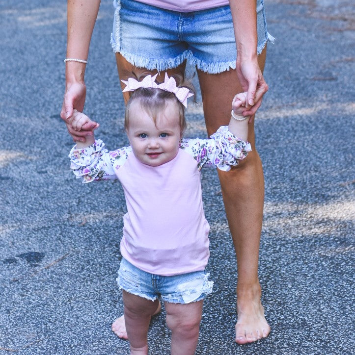 Girls Ruffle Raglan Floral Sleeve Shirt - Little Blanks, LLC