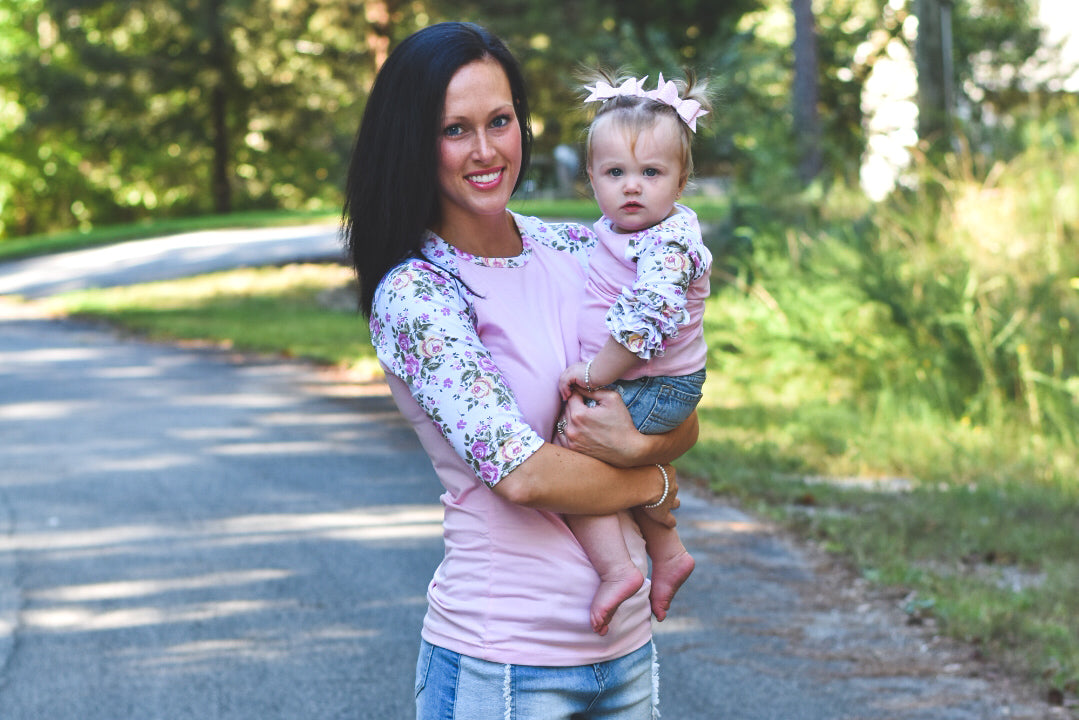 Girls Ruffle Raglan Floral Sleeve Shirt - Little Blanks, LLC