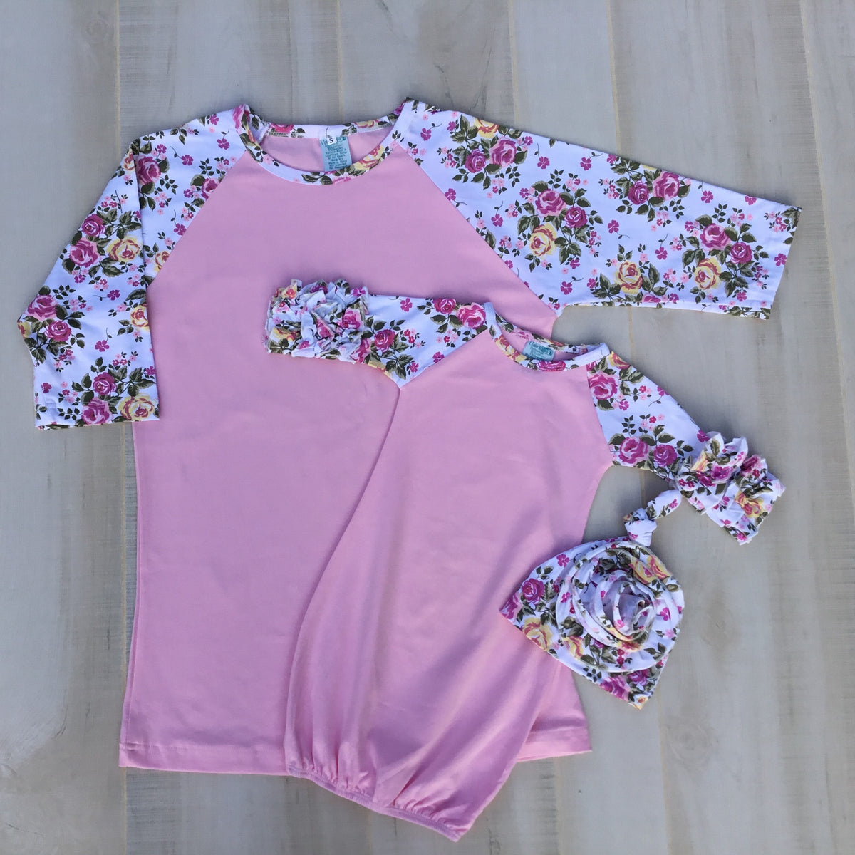 Baby Girls Ruffle Raglan Gowns With Beanie and Applique Swatch - Little Blanks, LLC