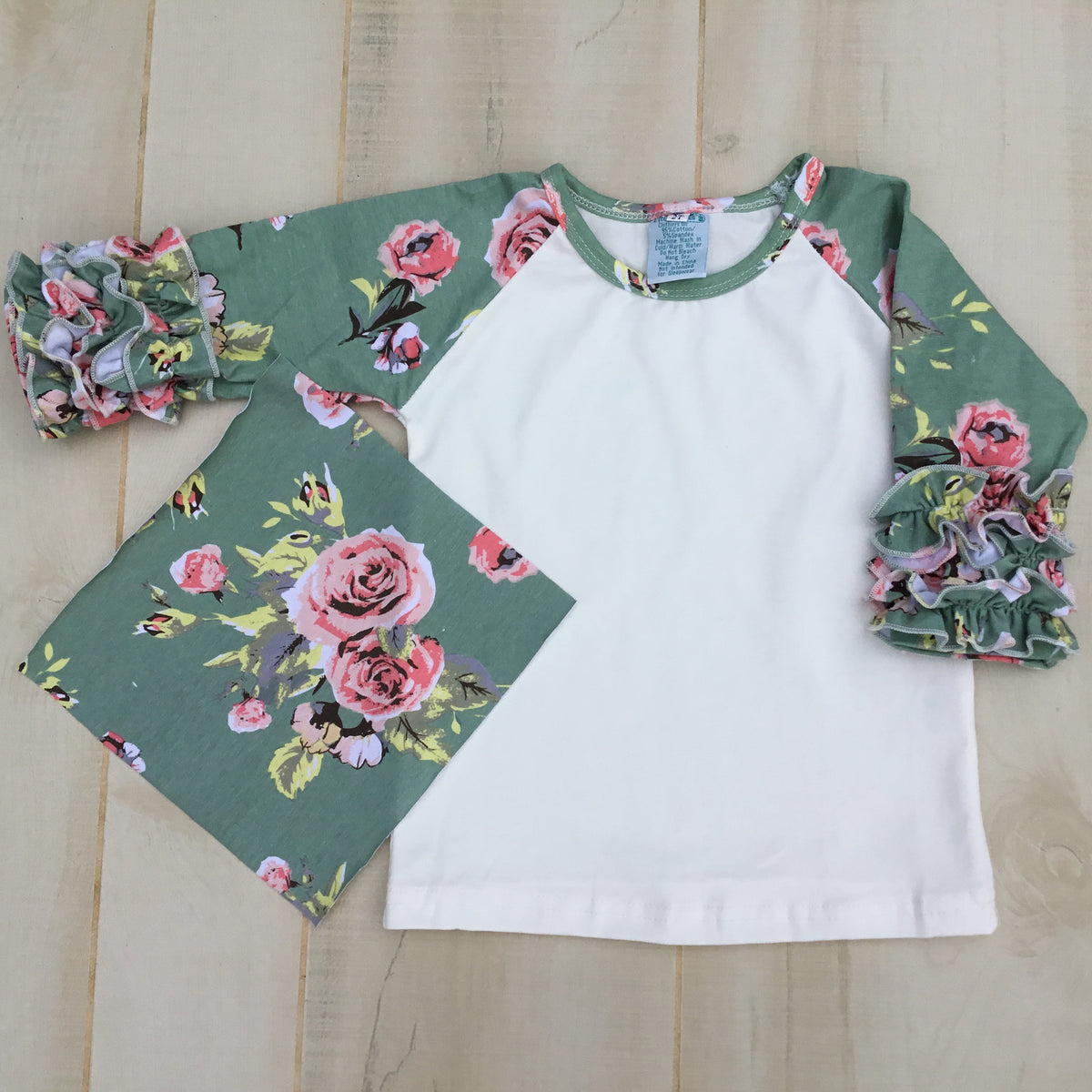 Girls Ruffle Raglan Floral Sleeve Shirt - Little Blanks, LLC