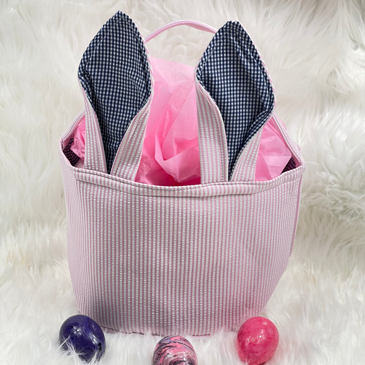 Easter Basket with Floppy Bunny Ears - Seersucker - Little Blanks