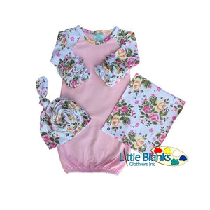 Baby girl's ruffle raglan gowns with knotted beanie & matching applique ...