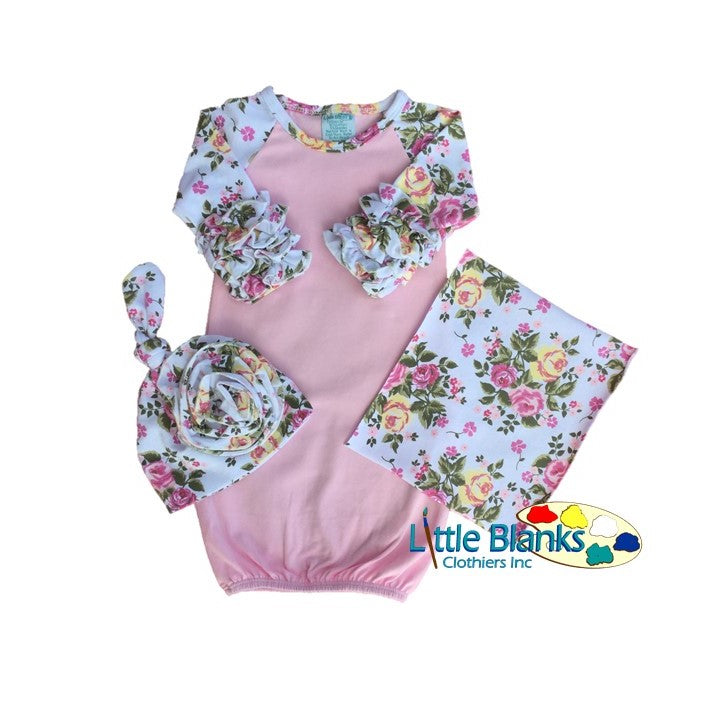 Baby girl's ruffle raglan gowns with knotted beanie & swatch