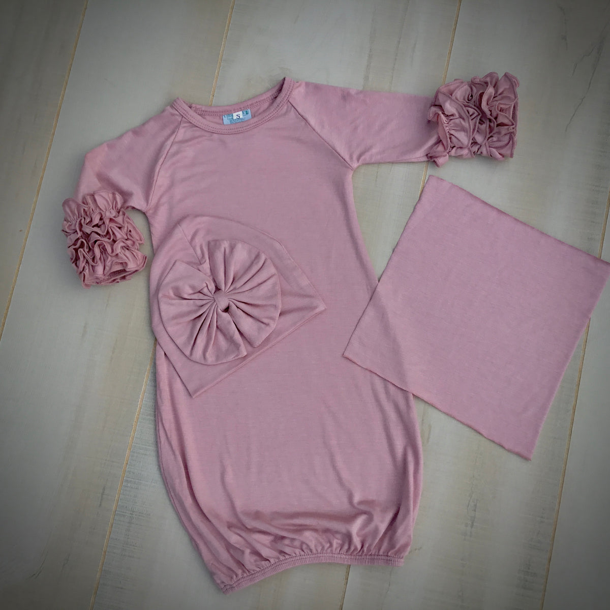 Baby Girls Ruffle Sleeve Gown With Bow Beanie and Applique Swatch - Little Blanks, LLC