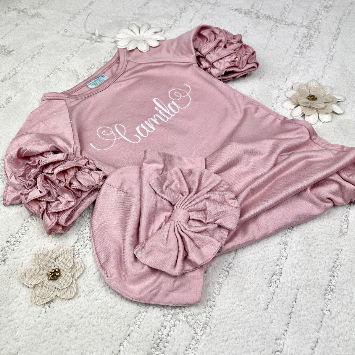 Baby Girls Ruffle Sleeve Gown With Bow Beanie and Applique Swatch - Little Blanks