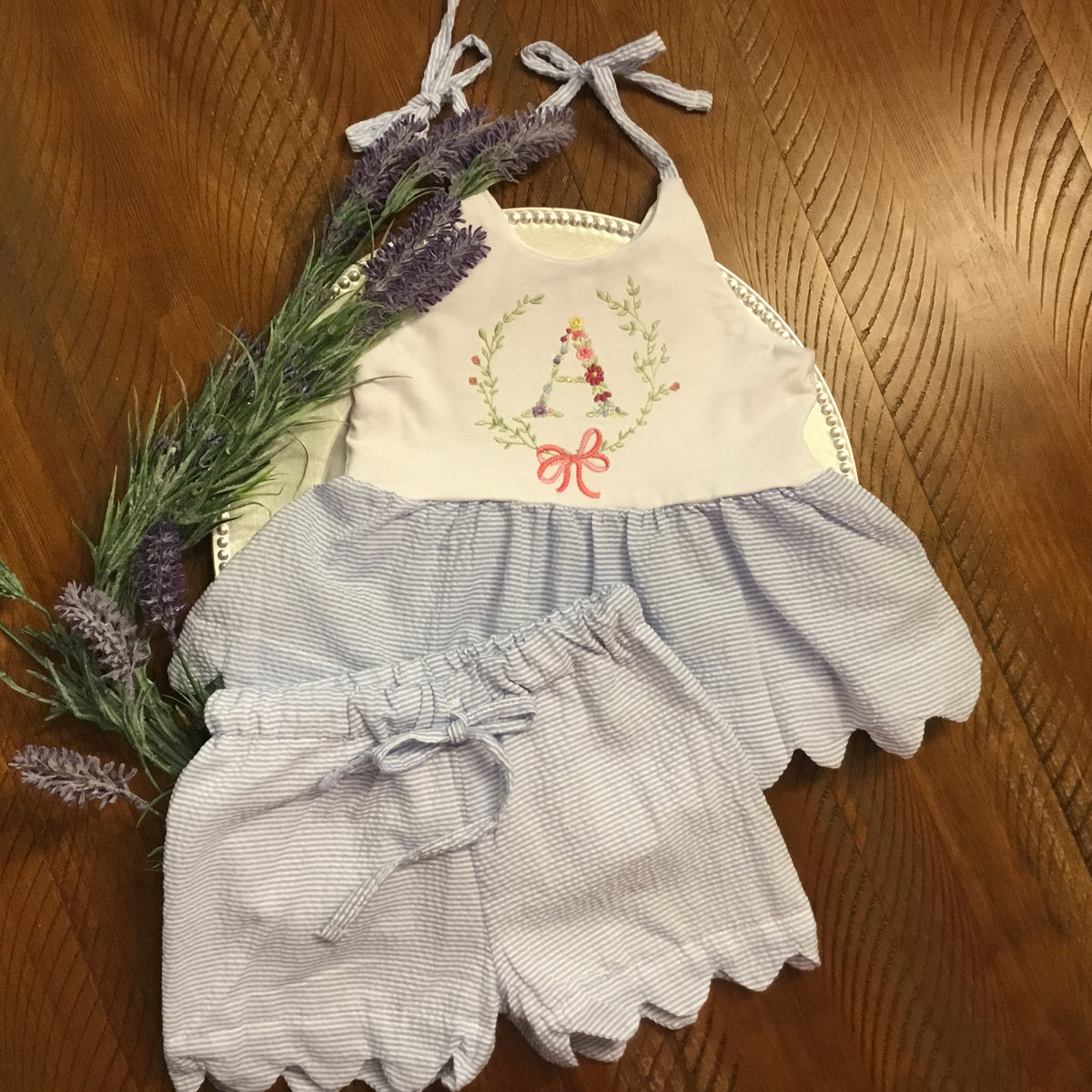 Girls Seersucker Scalloped Top with Shorts - New Arrival - Little Blanks