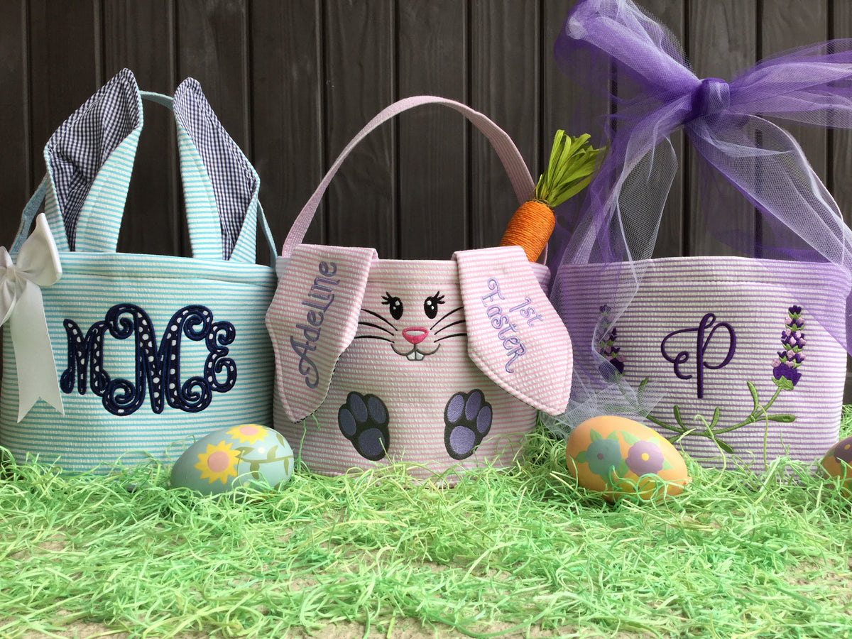 Easter Basket with Floppy Bunny Ears - Seersucker - Little Blanks, LLC