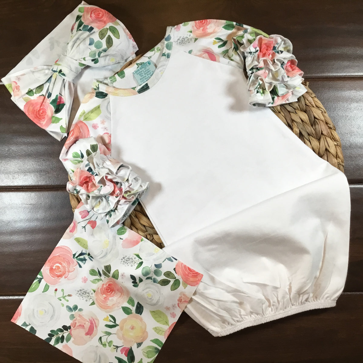 Baby Girls Ruffle Raglan Gowns With Beanie or headwrap  and Applique Swatch - Little Blanks, LLC